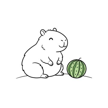 Cute capybara sitting beside small green watermelon slice in minimalist illustration