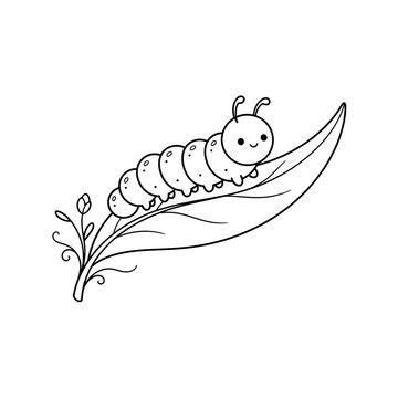 Smiling cartoon caterpillar crawling on green leaf with tiny legs and happy face