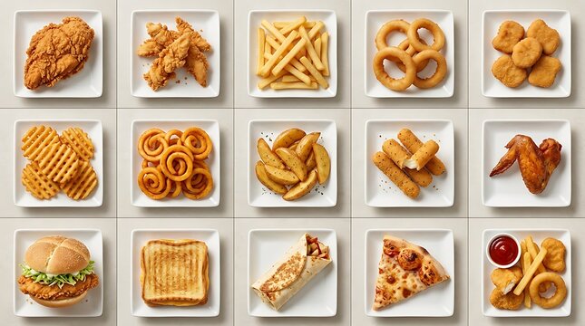 Assorted delicious fried and baked fast food items displayed on plates