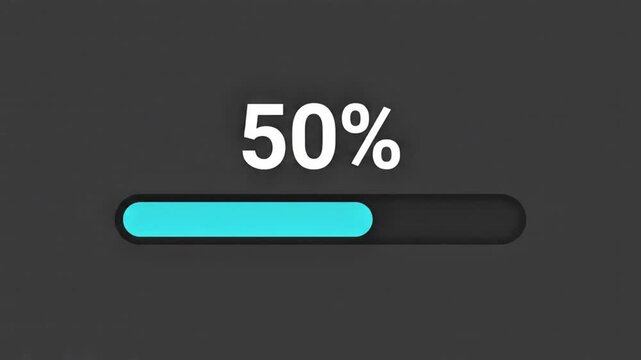 A horizontal progress bar fills with solid cyan color alongside a bold rising percentage counter from 0% to 100% on a gray background.