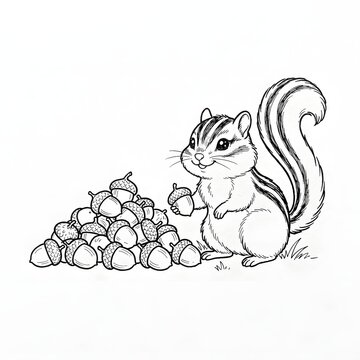Cute chipmunk standing beside large pile of acorns in autumn harvest scene
