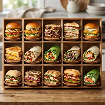 Assorted Delicious Sandwiches and Burgers Displayed in Wooden Compartments