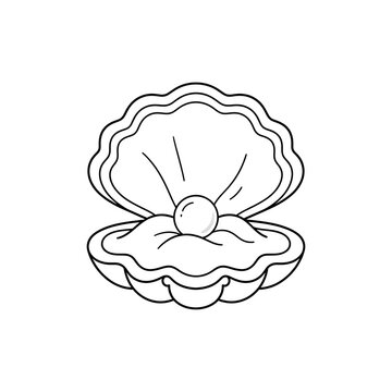 Elegant open clam shell revealing lustrous pearl in minimalist line art illustration