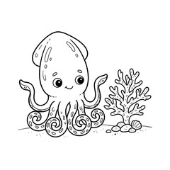 Hand-drawn cute cartoon octopus sitting beside seaweed coral on white background © AbrarAhmed