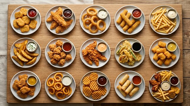 Assorted fried snacks displayed on plates with dipping sauces