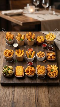 Assorted fried appetizers displayed on wooden serving tray with dipping sauces