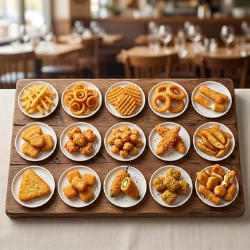 Assorted fried snacks displayed on wooden board with white plates