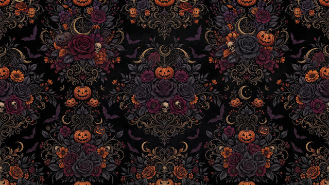 Seamless Halloween floral pattern with pumpkins and skulls on a dark gothic background.
