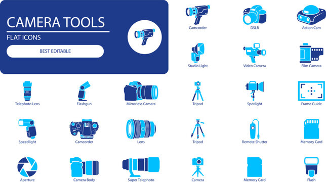 Photography gear icons set. Monochrome vector illustration of camera, lens, tripod and flash symbols for design