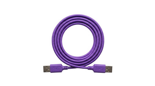 Purple usb cable coiled in a round shape for computer data transfer and charging connectivity