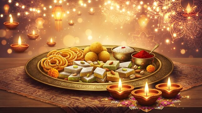 Traditional indian diwali festive platter with sweets, jalebi, and lit diyas on a decorated table