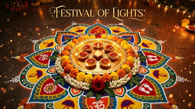 Diwali festival rangoli design with lit diyas and marigold flowers