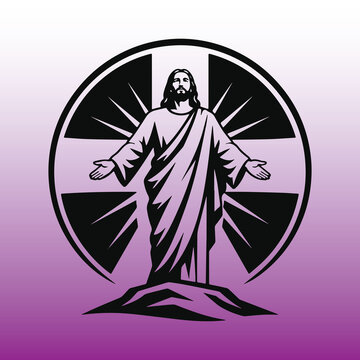 Line art illustration of Empty tomb of Jesus Christ with shroud at sunrise resurrection Easter concept. handdrawn vector graphics