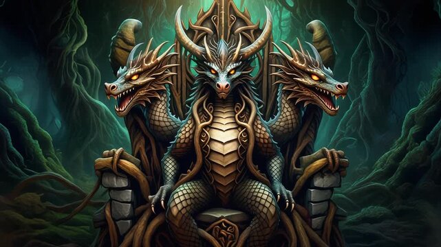 Ancient Forest Throne Dragon with Three Heads Sitting on a Stone Seat in a Dark Woodland