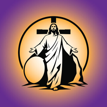 Line art illustration of Empty tomb of Jesus Christ with shroud at sunrise resurrection Easter concept. handdrawn vector graphics