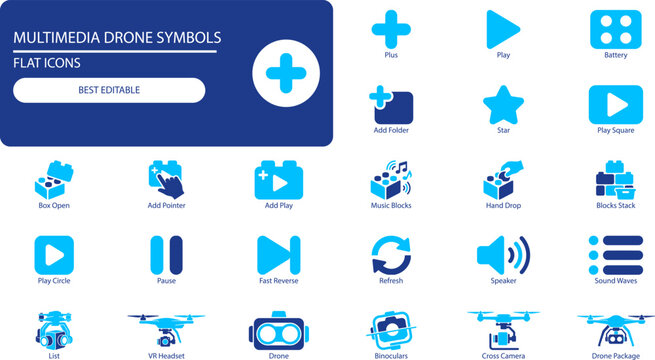 Multimedia and drone icons set. Black silhouette vector collection of play, pause, speaker, camera and quadcopter symbols for tech and media design