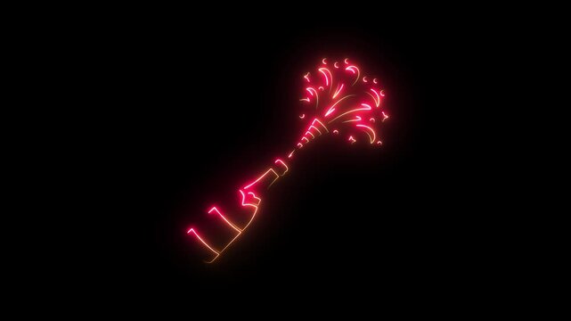 Neon glowing champagne bottle popping animation isolated on black background for celebration and party concepts