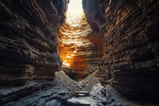 Narrow passageway within a rocky cave illuminated by sunlight.