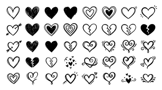 Large collection of hand drawn sketchy heart shapes and broken hearts