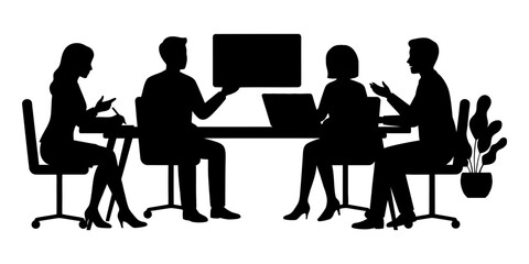 Fototapeta premium A group of business professionals are meeting in a contemporary office space to share concepts and deliver presentations to one another in silhouette