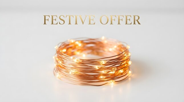 Coiled copper wire fairy lights with warm glowing led bulbs, festive decoration isolated on white background