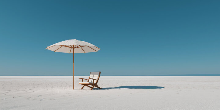 Minimal Beach Deck Chair and Umbrella on White Sand with Blue Sky Background