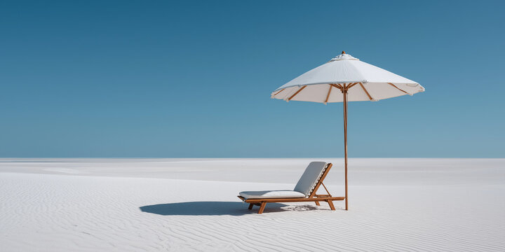 Minimal Beach Deck Chair and Umbrella on White Sand with Blue Sky Background