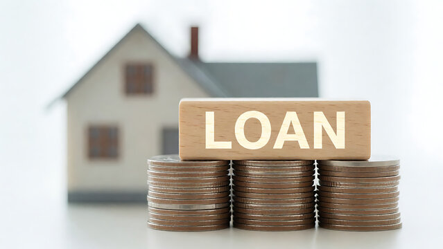 Modern loan concept with stacked coins and house model representing mortgage financing