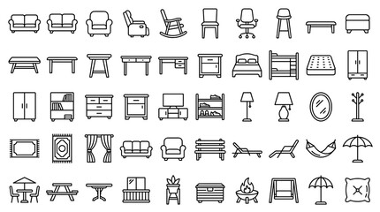 Modern Furniture Outline Icon Collection Featuring Indoor Home Furnishings, Outdoor Patio Pieces, Garden Seating, Tables, Lighting, Storage, and Accessories © Liton