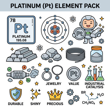 Cartoon vector element pack of platinum Pt with atom bars jewelry catalysis icons and properties