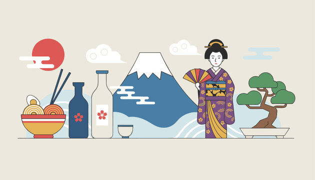 Japanese cultural illustration featuring Mount Fuji, geisha with a fan, ramen bowl, bonsai tree, and sake bottles on a neutral background.