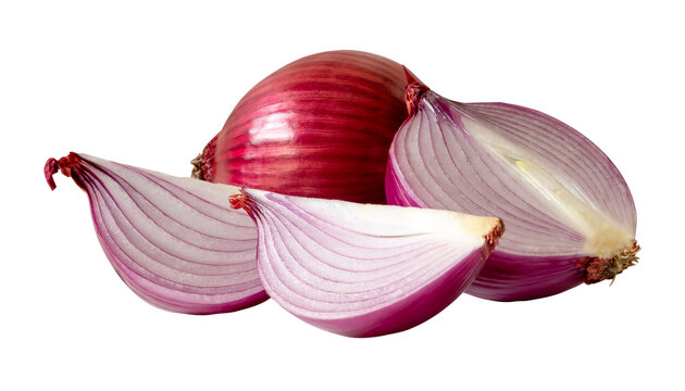 Fresh unpeeled red or purple Spanish onion bulb with half and slices or quarters in stack isolated with clipping path in png file format