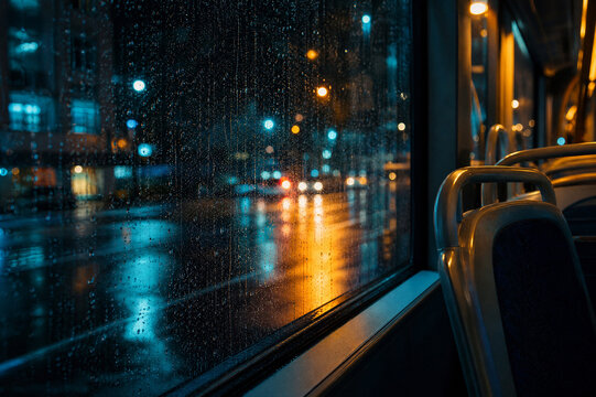 Rain drops on a bus window at night with colorful blurred city street lights and traffic reflections