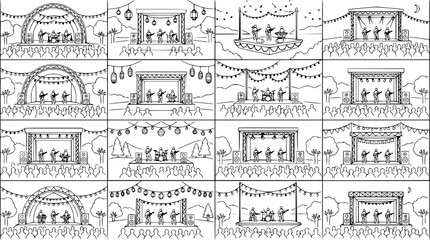 Fototapeta premium Live Music Concert Stages Array: Diverse Outdoor Performance Scenes