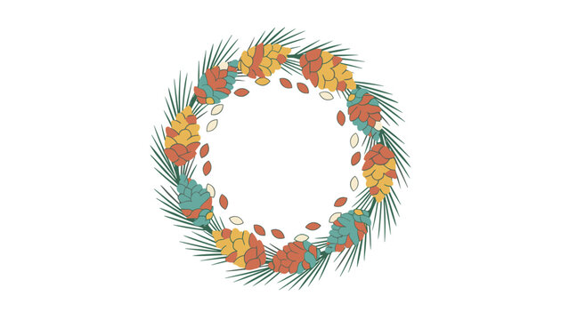 Decorative seasonal wreath made of pine branches pinecones and various nuts in a rustic style set against a clean white background.