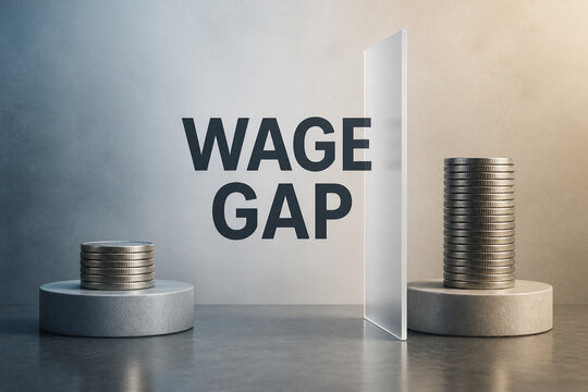 Conceptual financial scene showing unequal stacks of coins separated by a glass panel and the words wage gap, illustrating pay inequality.