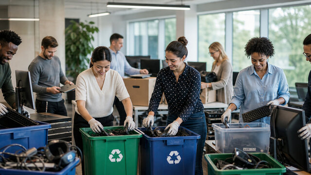 Diverse coworkers wearing gloves sort discarded computers, keyboards and cables into recycling bins during an office e-waste collection.