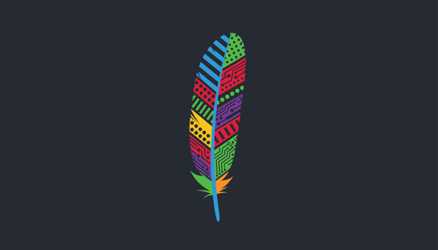 Single bird feather decorated with colorful geometric tribal patterns and circuit board lines on a dark grey background.