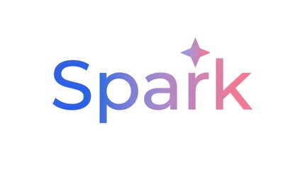 Fototapeta premium Spark typographic logo design with gradient star icon on a clean white background