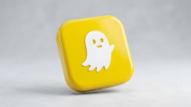 White ghost icon on a glossy yellow square button isolated on a light background