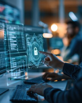 Human hand interacts with a virtual glowing lock icon on a computer screen, symbolizing advanced cybersecurity and data protection within a modern IT office environment, with blurred colleagues.