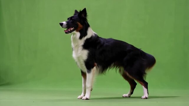 Border Collie dog running against a solid green screen backdrop