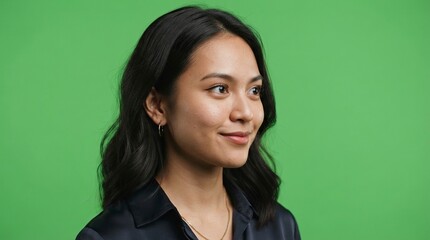 Fototapeta premium Beautiful Smiling Young Asian Woman Looking Sideways Isolated on Green Screen Background
