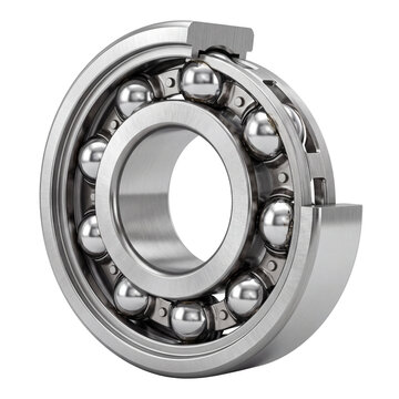 A metallic ball bearing with numerous steel balls is showcased against a dark background