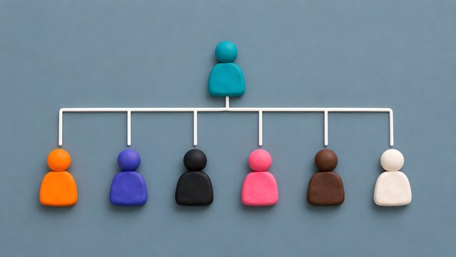 3D organizational chart with a blue leader figure at the top and diverse colorful team members below showing corporate hierarchy and structure