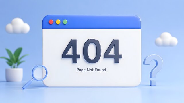 3D render of a 404 Page Not Found error message in a web browser window with a magnifying glass and question mark on a blue background