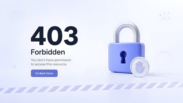403 Forbidden error concept with a large blue padlock and stop hand icon illustrating restricted access, website security, and lack of permission