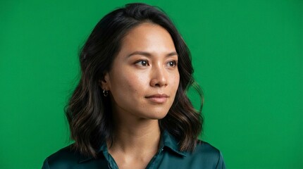 Fototapeta premium Confident Young Asian Woman Looking Away with Pensive Expression Isolated on Green Screen Background
