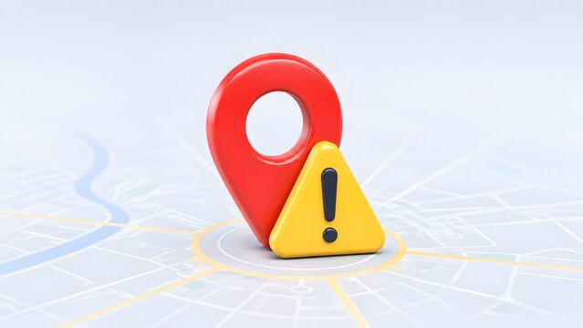 Red Location Pin with Yellow Warning Triangle on Map Background for GPS Error or Danger Zone