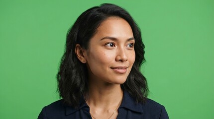 Fototapeta premium Portrait of a Confident Beautiful Asian Woman Smiling and Looking Away Over Green Screen Background